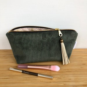 Makeup bag in khaki green ribbed velvet. School pencil case . Makeup kit.