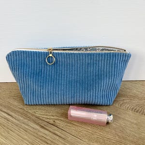 Trousse de maquillage en velours grosses côtes bleu . Trousse d’école . Trousse makeup .