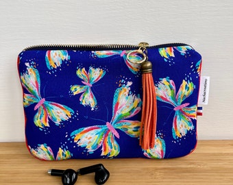 Butterfly printed cotton fleece pouch. Phone pouch.