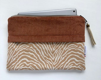 Fleece case in jacquard fabric printed marble beige and velvet big ribs, for tablet, iPad, computer 10 inches.