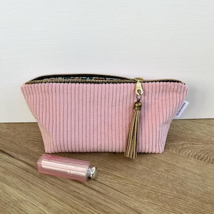 Trousse de maquillage en velours grosses côtes rose . Trousse d’école . Trousse makeup .