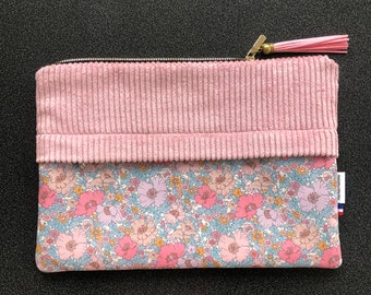 Fleece cover in Liberty Meadow Song petals and pink ribbed velvet for tablet, iPad.