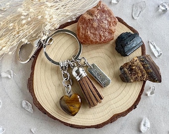 Tiger's Eye Heart Keychain - Brave Charm, Crystal Keyring, Tigers Eye Bag Charm