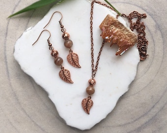 Sunstone Necklace and Earrings Set, Rose Gold Leaf Charms, Handmade Jewelry