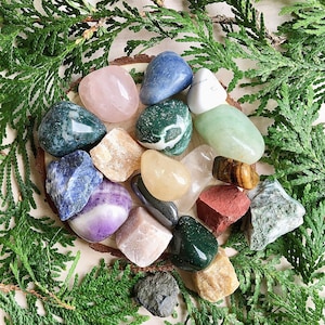 May include: A collection of 16 polished tumbled stones in various colors and shapes, including green, blue, pink, white, and brown. The stones are arranged on a light brown surface with green foliage surrounding them.