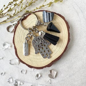Hamsa Hand Black Obsidian Keychain, Evil Eye Bag Charm, Protection Amulet, Spiritual Gifts,
