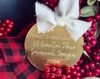 Custom New Home Brass ornament | Personalized Address Modern Engraved Ornament | Housewarming gift keepsake |