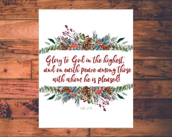 Digital, Christmas, Glory, Peace on Earth, Scripture, Printable, Bible Verse, Holiday, Download, 8x10, 5x7