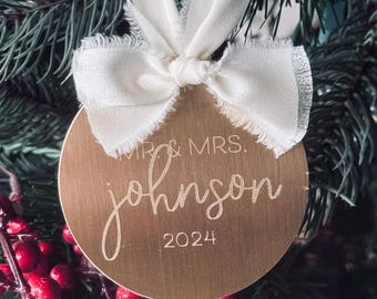 Custom "Mr. and Mrs." Brass ornament | Personalized couples Modern Engraved Ornament | wedding shower gift keepsake |
