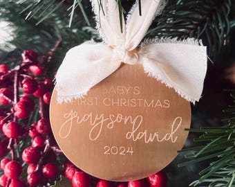 Custom "Baby's First Christmas" Brass ornament | Personalized Minimal Modern Engraved Ornament | Baby shower gift keepsake |