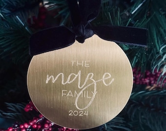 Custom Brass Family Christmas ornament | Personalized Minimal Modern Engraved Ornament | Wedding keepsake |