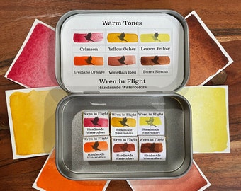 Handmade Watercolor Set of 6 half pans - Warm Tones Palette - All natural non toxic pigment