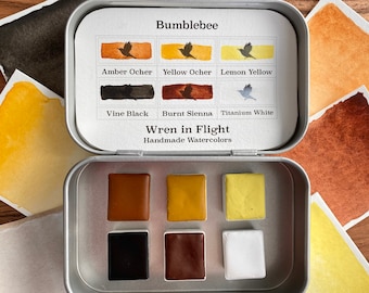 Tavolozza di acquerelli fatti a mano da 6 - Set Bumblebee - Mezze palette con magneti in una scatola da viaggio - pigmenti naturali di terra