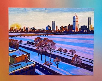 Boston Skyline from MIT - 4x6, 8x10 Prints, Bookmark - Original Acrylic Marker Illustrations of the Massachusetts Institute of Technology