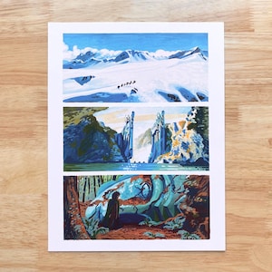 May include: A three-panel painting depicting a snowy mountain range, a waterfall cascading between two tall rock formations, and a figure standing in a forest.
