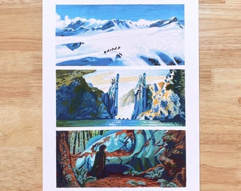 Fellowship of the Ring Triptych - 8.5x11 Print - Acrylic Marker Illustrations of Scenes from the Movie