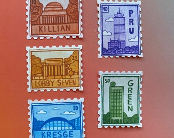 Art of MIT - faux vintage stamp stickers - 5 designs of MIT buildings from campus based on original watercolor art