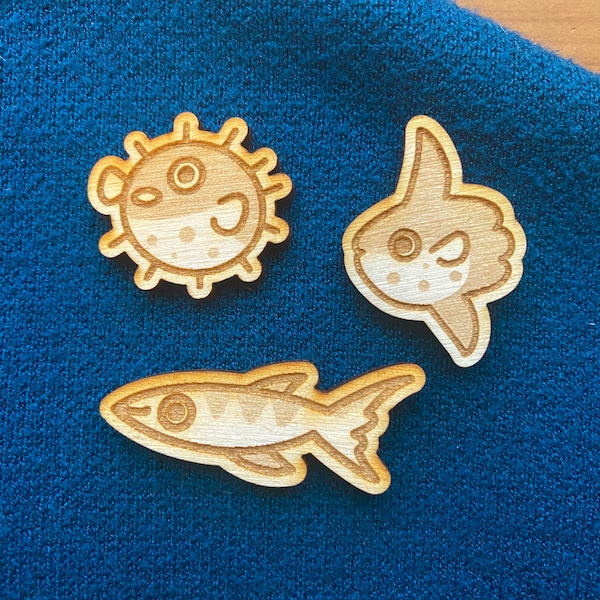 Fish Friends Wood Pins, Sunfish, Blowfish, Barracuda - Cute Lasercut Plywood Pins