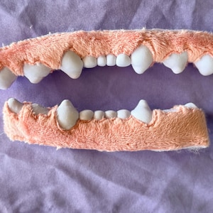 May include: Two plush, pink-colored jaws with white teeth are displayed against a purple background. The upper jaw is slightly curved, and the lower jaw is straight. The teeth are various sizes and shapes, resembling a cartoon or costume prop.