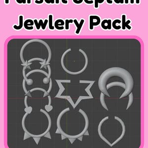 May include: A collection of silver-colored septum jewelry in various designs, including stars, hearts, and geometric shapes. The text "Fursuit Septum Jewlery Pack" is displayed at the top of the image on a pink background.
