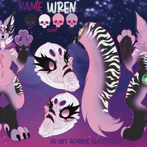 May include: Digital illustration of a pink and black furry creature with a skull-like head. The creature has a long, striped tail and is standing on a purple background with stars. The text "NAME WREN" is at the top of the image.
