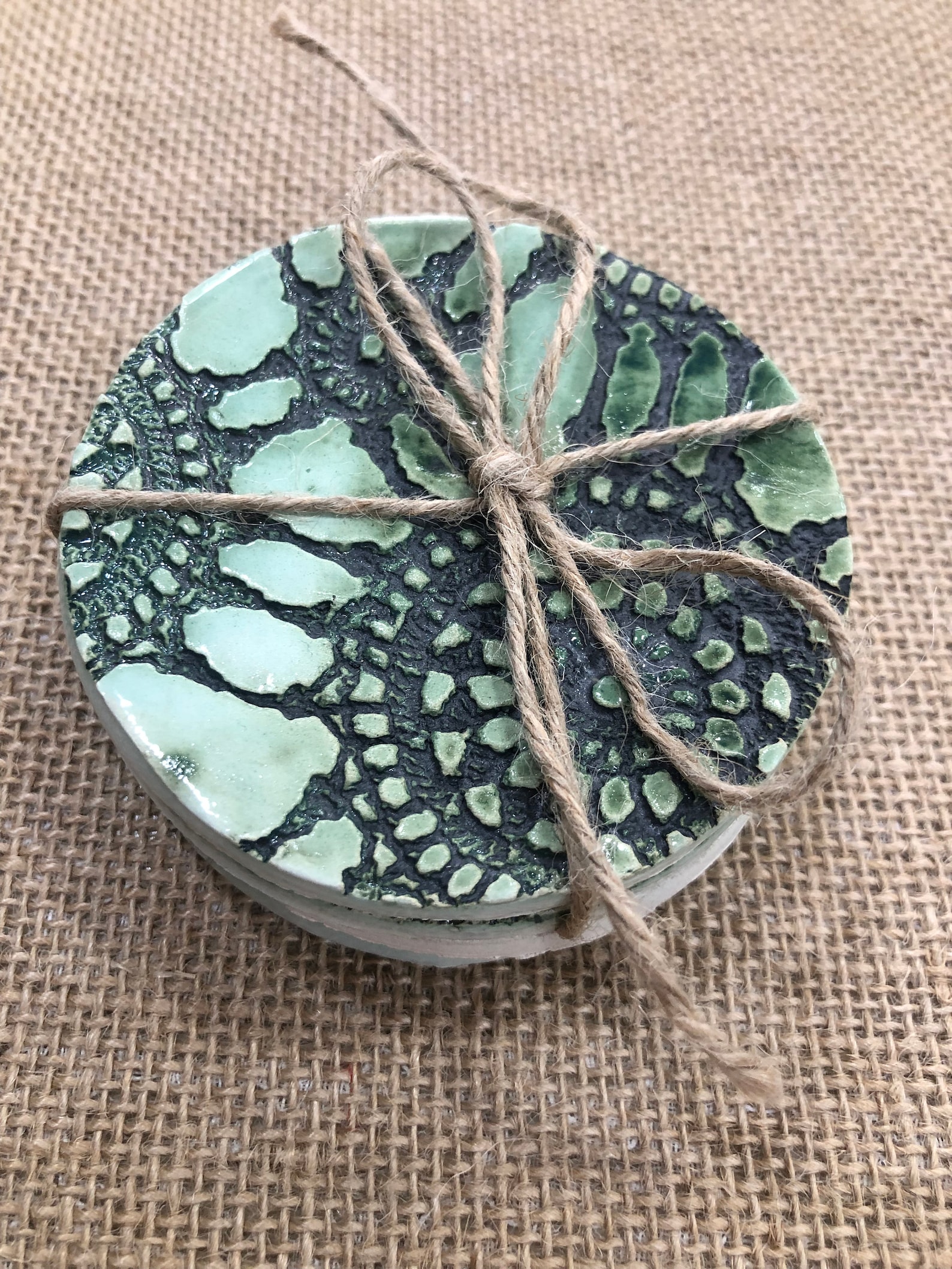 Ceramic Handmade Coasters, Green Round Coasters, Coasters With Texture