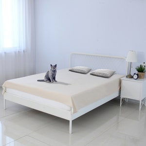 May include: A white bed frame with a white mattress and two gray and white striped pillows. A gray cat is sitting on the bed. A white nightstand with a lamp and a clock is next to the bed.