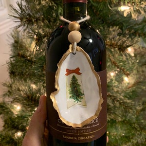 Christmas Tree Decoupaged Oyster Shell Wine Charm, Ornament