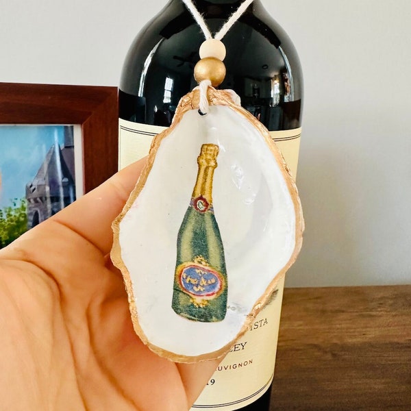 Champagne Bottle Oyster Shell Christmas Ornament Wine Bottle Charm, Champagne Lover, Champagne Christmas