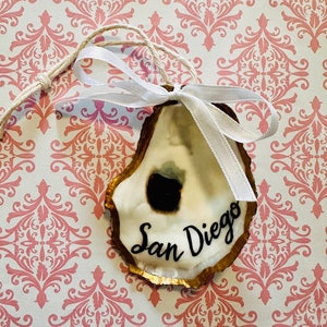 San Diego California Oyster Shell Ornament, Wine Charm, Party Favor, Christmas decor, Bar Car Item