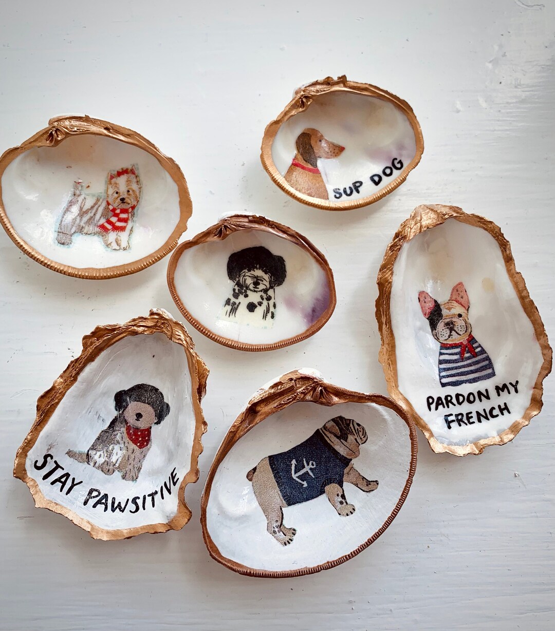 Oyster Shell Decor, Decoupaged Dog Oyster and Clam Shells, Trinket Dish, Oyster Ring Dish