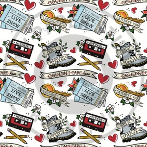May include: A white background with a repeating pattern of various 90s themed illustrations. The illustrations include a cassette tape, a pair of pencils, a heart, a boot with the text "Gen-X Forever", a ticket with the text "Live Show", a key with the text "Latchkey Kid", and a banner with the text "Couldn't Care Less".