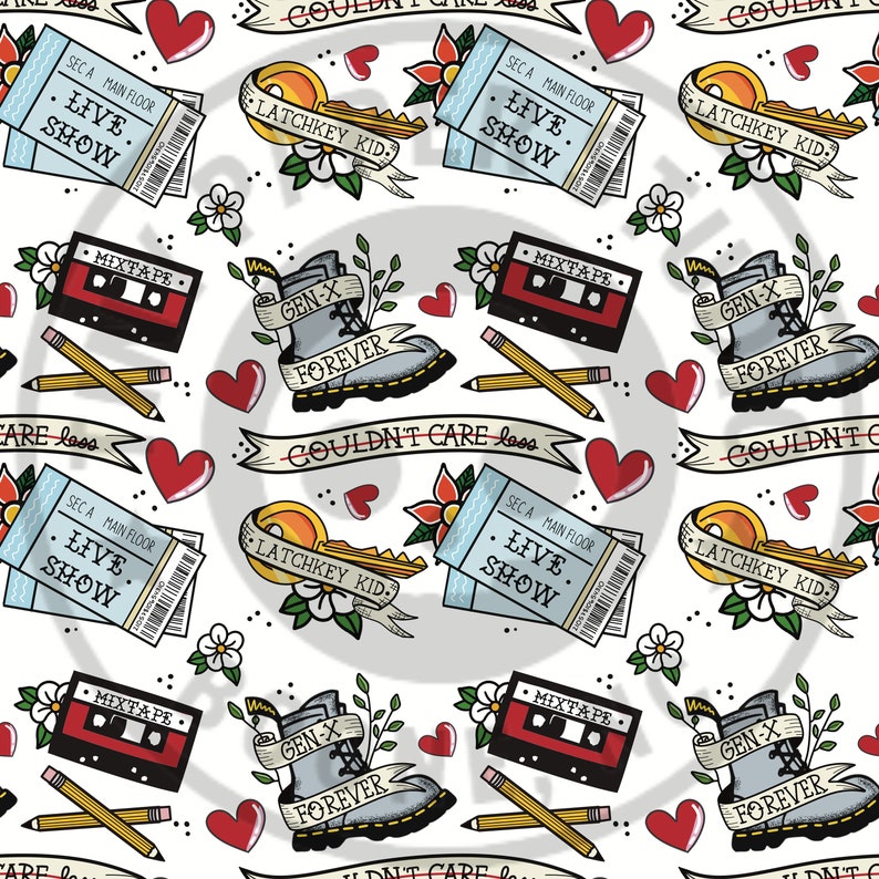 May include: A white background with a repeating pattern of various 90s themed illustrations. The illustrations include a cassette tape, a pair of pencils, a heart, a boot with the text "Gen-X Forever", a ticket with the text "Live Show", a key with the text "Latchkey Kid", and a banner with the text "Couldn't Care Less".
