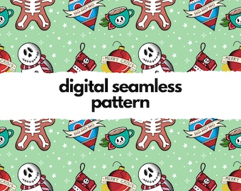 Diseño de tatuaje navideño sin costuras, papel digital navideño, diseño de muñeco de nieve PNG, espeluznante, ARCHIVO DIGITAL