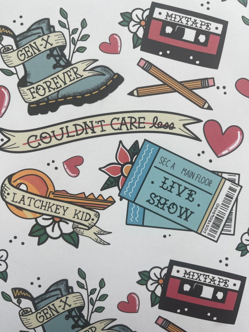 May include: A digital illustration of a collection of vintage 90s style tattoo designs. The designs include a cassette tape, a key, a boot, a ticket, and a pencil. The designs are in a variety of colors, including red, blue, yellow, and green.