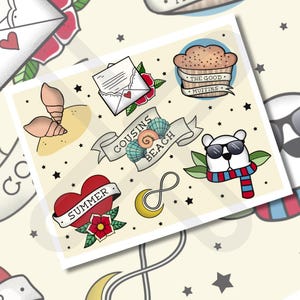 May include: A sheet of tattoo-style stickers featuring various designs. Includes a heart with "SUMMER" text, a polar bear wearing sunglasses and a scarf, a muffin, seashells, an envelope, and a banner that says "COUSINS BEACH".