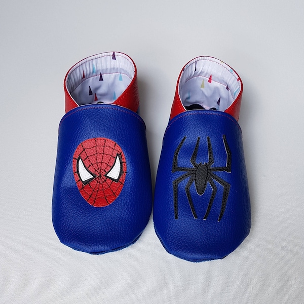 Chaussons cuir, souple, enfant, bébé, Spiderman, marvel, simili cuir, pédagogie montessori, pickler