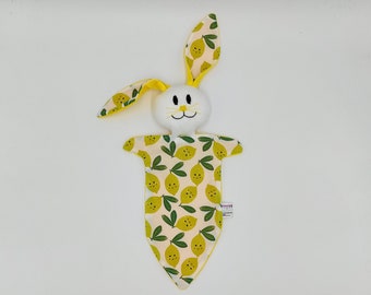 Rabbit comforter, lemon, multi-colored, very soft, personalized, child's first name, flat comforter