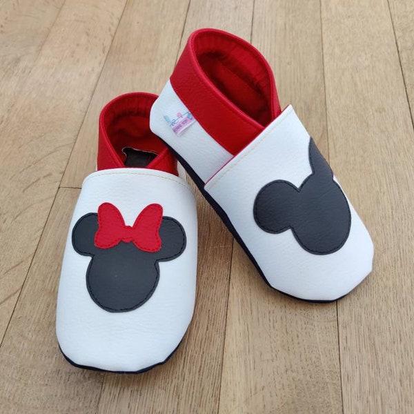 Chaussons cuir, Mickey, Minnie, enfant, bébé, Disney, simili cuir, pédagogie montessori, pickler