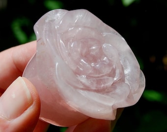 May include: A carved rose made of pink rose quartz. The rose is detailed and has a smooth, polished finish.