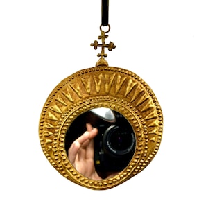 6in Primitive Holy Cross Ex Voto Milagro Mirror, Antiqued Gold Milagro Ornament