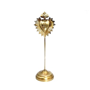 14in Sacred Heart Ex Voto Locket on Stand, Antiqued Silver Flaming Heart Milagro