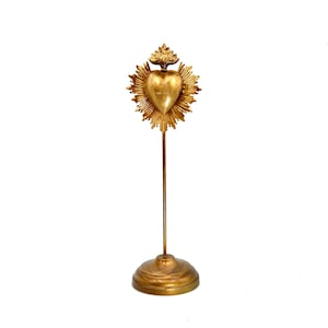 14in Sacred Heart Ex Voto Locket on Stand, Antiqued Gold Flaming Heart Milagro