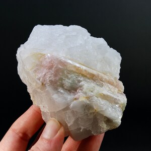 3.8in 327g Raw Tricolor Tourmaline Lepidolite Crystal on Quartz Matrix, Brazil