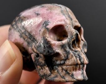 May include: A pink and black skull carved from a polished stone. The skull is detailed with intricate carvings and has a smooth, glossy finish.