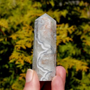 3in 87g Pink Grey Crystalline Crazy Lace Agate Crystal Tower, Mexico