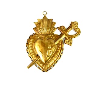 5,5 inch Heilig Hart Ex Voto Vlammend Hart met Milagro-ornament zwaard