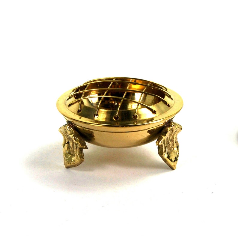 Resin Incense Burner Three Legged Ornate Brass Frog Metal Grill Wooden Base