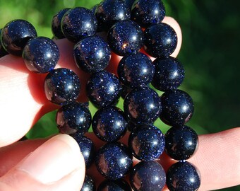 Blue Goldstone Beaded Bracelet, 10mm Sparkling Crystal Beads
