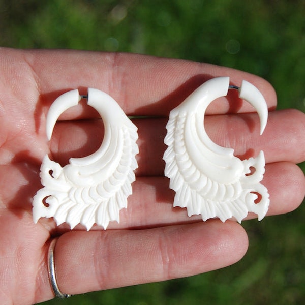 Boho Earrings Feather Wing Spiral Hand Carved Faux Guage